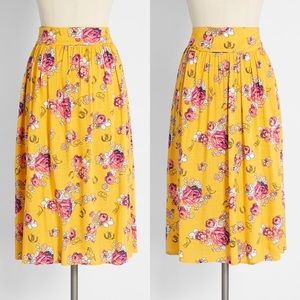 Modcloth Yellow Floral Swinging Saddles Midi Skirt